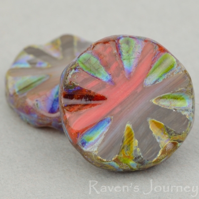 Large Flower Coin (18mm) Coral Taupe Mix Opaque Transparent with Picasso