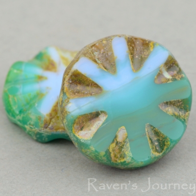 Large Flower Coin (18mm) Turquoise Green Blue Mix Opaque with Picasso-osx