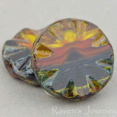 Large Flower Coin (18mm) Jet Red Yellow Opaque Transparent with Picasso-osx
