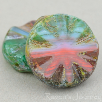 Large Flower Coin (18mm) Green Orange Mix Opaque Transparent with Picasso-osx