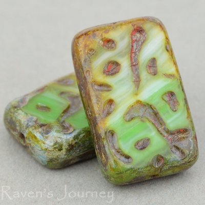 Groovy Rectangle (19x12mm) Green Pink White Uranium Mix Opaque with Picasso-osx