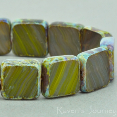 Square (9mm) Green Stripe Mix Opaque with Picasso