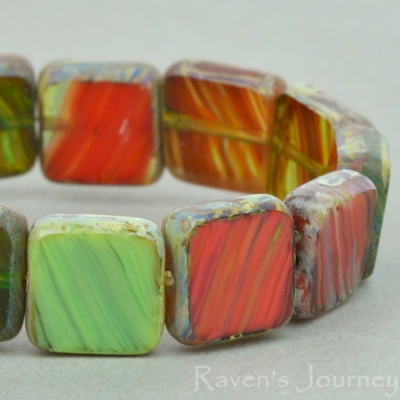 Square (9mm) Retro Green Red Olivine Mix Opaque Transparent with Picasso