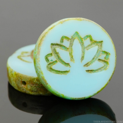 Coin with Lotus Flower (18mm) Turquoise Blue Opaque with Picasso Finish