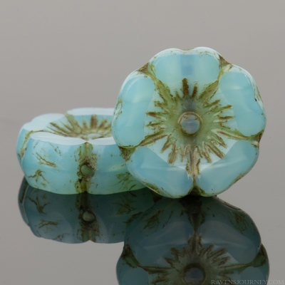 Hibiscus Flower (12mm) Aqua Blue Silk with Flax Yellow Wash, 4 Strands of 12 Beads per Unit *Last Unit Remaining*