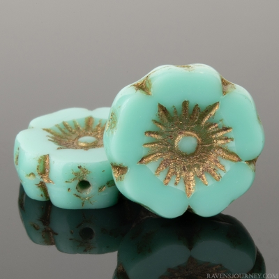Hibiscus Flower (12mm) Turquoise Opaque with Dark Bronze Wash