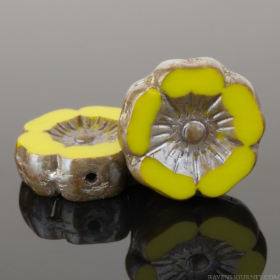 Hibiscus Flower (12mm) Gaspeite Green Opaque with Aurora Borealis and Picasso Finishes