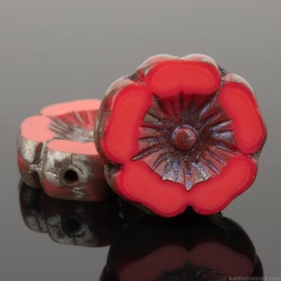 Hibiscus Flower (12mm) Coral Red Opaque with Lustered Picasso Finish