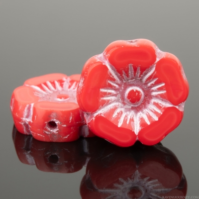 Hibiscus Flower (12mm) Coral Red Opaque with Silver Wash