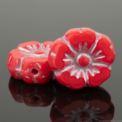 Hibiscus Flower (10mm) Coral Red Opaque with Silver Wash