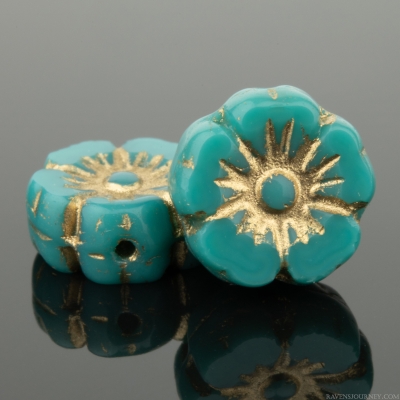 Hibiscus Flower (10mm) Turquoise Opaque Green with Gold Wash