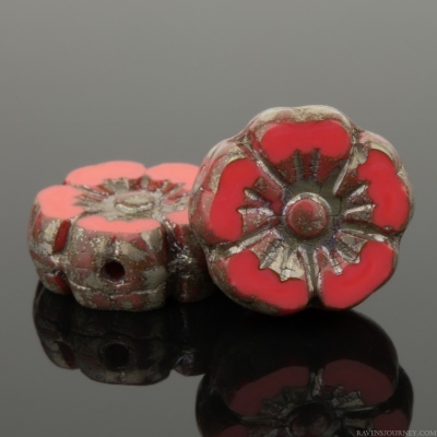 Hibiscus Flower (10mm) Coral Red Opaque with Lustered Picasso Finish