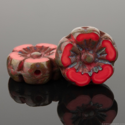 Hibiscus Flower (10mm) Coral Red Opaque with Picasso Finish
