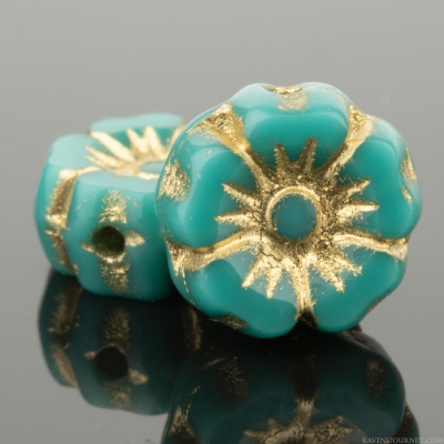 Hibiscus Flower (7mm) Turquoise Opaque Green with Gold Wash