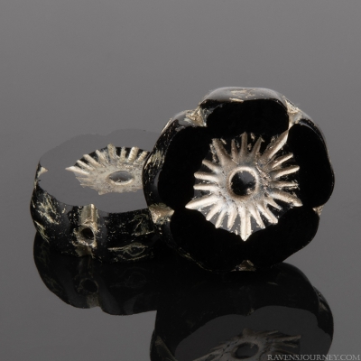 Hibiscus Flower (12mm) Jet Black Opaque with Platinum Wash, 6 Strands of 12 Beads per Unit *Last Unit Remaining*