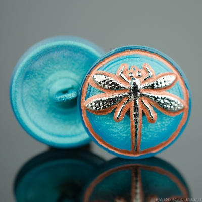 (18mm) Round Dragonfly Button Turquoise, Copper Wash with Silver Painted Dragonfly