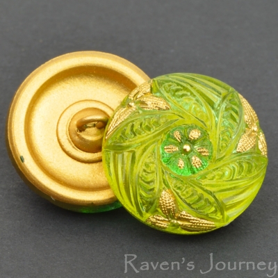 (18mm) Round Spiral Flower Olivine Green with Gold Paint