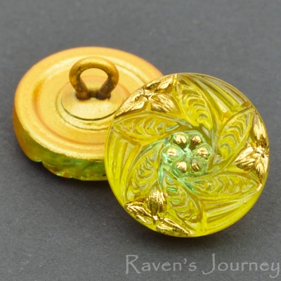 (14mm) Round Spiral Flower Olivine Green with Gold Paint