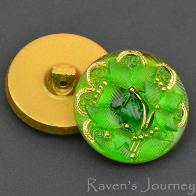 (27mm) Round Lacy 3 Flowers Olivine Green with Gold Paint