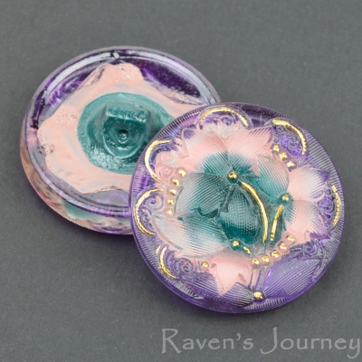 (27mm) Round Lacy 3 Flowers Purple, Pink, Green with Gold Paint #2