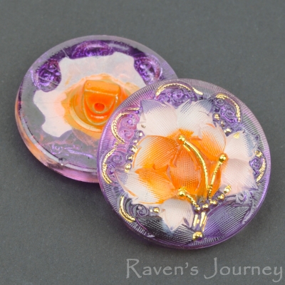 (27mm) Round Lacy 3 Flowers Purple, Pink, Orange with Gold Paint, 2 Button Minimum Order *Last Unit Remaining*