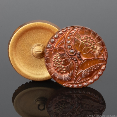 (27mm) Round Two Poppy Design Amber Orange with Copper Wash, Gold and Silver Paint