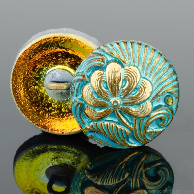 (18mm) Round Flower Design Golden Orange Iridescent with Turquoise Wash and Gold Paint