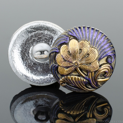 (18mm) Round Flower Design Electric Purple Iridescent Antiqued with Gold Paint