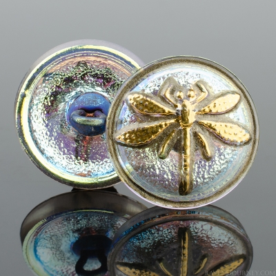 (18mm) Round Dragonfly Golden Blue Iridescent Antiqued with Gold Paint