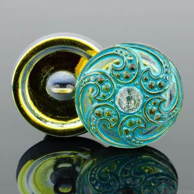 (18mm) Round Jewel Spiral Golden Orange with Turquoise Wash and Gold Paint