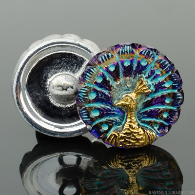 (18mm) Round Peacock Purple/Aqua Iridescent with Turquoise Wash and Gold Paint