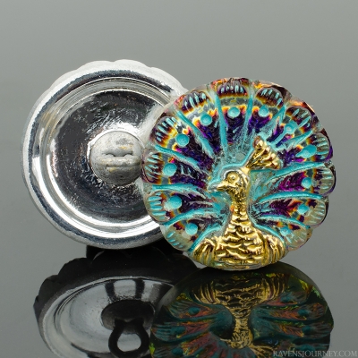 (18mm) Round Peacock Purple/Pink Iridescent with Turquoise Wash and Gold Paint