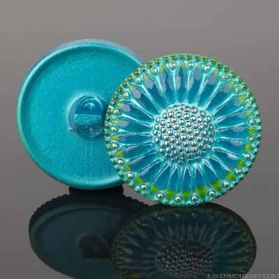 (32mm) Round Sunflower Turquoise Blue Gaspeite Green Rim with Aqua Wash and Platinum Paint