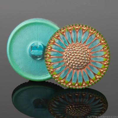 (32mm) Round Sunflower Aqua Blue Gaspeite Green Rim with Copper Wash and Platinum Paint