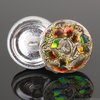 (18mm) Round Lacy 3 Flowers Pink Green Iridescent Antiqued with Platinum Wash