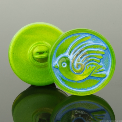 (18mm) Round Bird Design Gaspeite Green with Sapphire Blue Wash