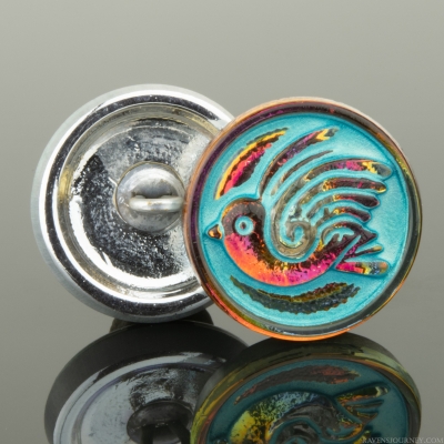 (18mm) Round Bird Design Golden Orange Purple Iridescent with Aqua Wash