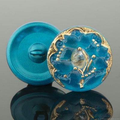 (18mm) Round Lacy 3 Flowers Teal Turquoise with Gold Paint