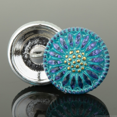 (18mm) Round Sunflower Tanzanite Purple Iridescent with Aqua Wash and Gold Paint