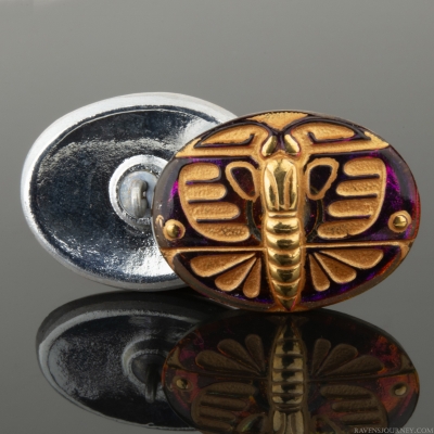 (29x22mm) Oval Art Deco Butterfly Purple Blue Iridescent Finish with Gold Wash and Gold Paint