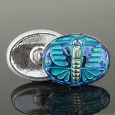 (29x22mm) Oval Art Deco Butterfly Electric Blue Purple Finish with Aqua Wash and Platinum Paint