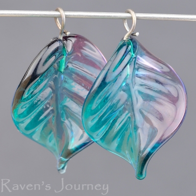 Lampwork Leaf (18mm) Amethyst Purple and Aqua Green Mix