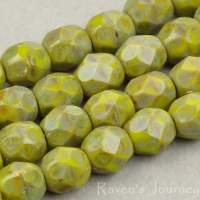 Round Faceted (4mm) Gaspeite Green Opaque with Picasso 3