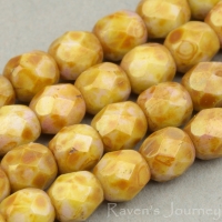 Round Faceted (4mm) Golden Pink Opaque with Picasso