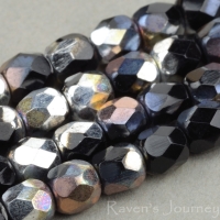 Round Faceted (4mm) Jet Opaque with Silver and Copper Half-Coat