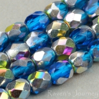 Round Faceted (4mm) Aqua Blue Dark Transparent with Vitrail