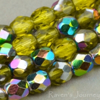 Round Faceted (4mm) Olivine Green Transparent with Vitrail-osx