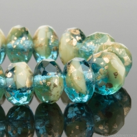 Rondelle (7x5mm) Aqua Blue and Ivory Mix with Antique Gold Finish