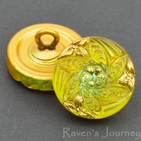 (14mm) Round Spiral Flower Olivine Green with Gold Paint