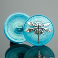 (18mm) Round Dragonfly Aqua Blue with Silver Paint